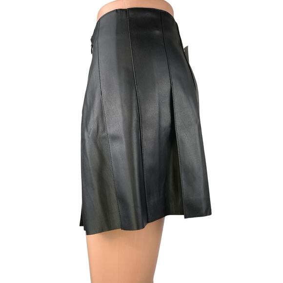 NEW MNG Black Faux Leather Vegan High Waist Pleated A Line Mini Skirt Size L - Picture 2 of 5